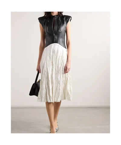 Gabriela Hearst Athena Paneled Leather And Crinkled Silk-blend Twill Midi Dress In Multi