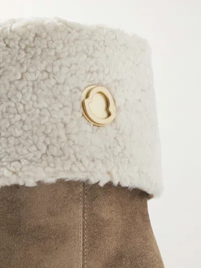 Moncler W Short Shearling-lined Suede Wedge Ankle Boots In Brown