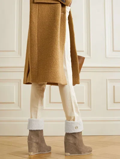 Moncler W Short Shearling-lined Suede Wedge Ankle Boots In Brown