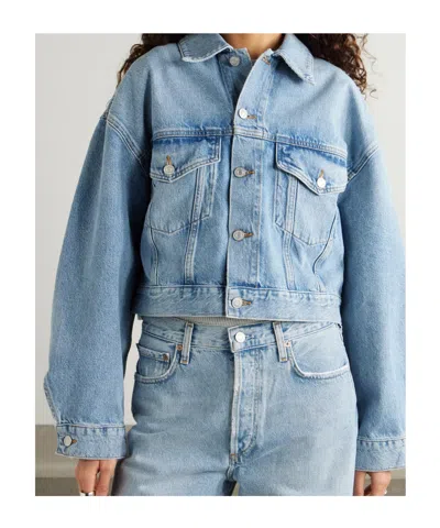 Agolde Button Cropped Denim Jacket In Blue