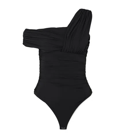 Agolde Etienne Off-the-shoulder Ruched Stretch-jersey Thong Bodysuit In Black