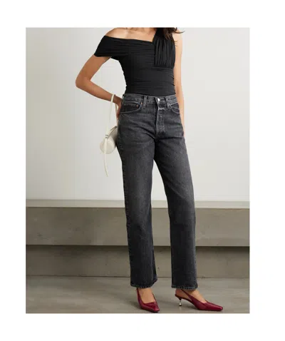 Agolde Etienne Off-the-shoulder Ruched Stretch-jersey Thong Bodysuit In Black