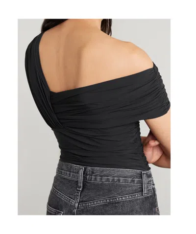 Agolde Etienne Off-the-shoulder Ruched Stretch-jersey Thong Bodysuit In Black