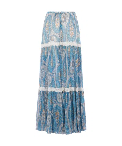 Etro Paisley Silk Flounced Skirt In Blue