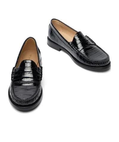 Stuart Weitzman Lottie Croc-effect Polished-leather Loafers In Black