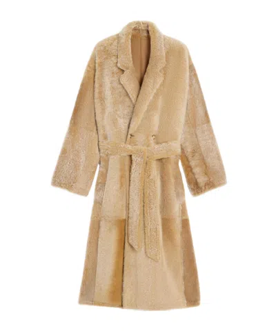Celine Wrapped Coat In Lamb Shearling In Brown