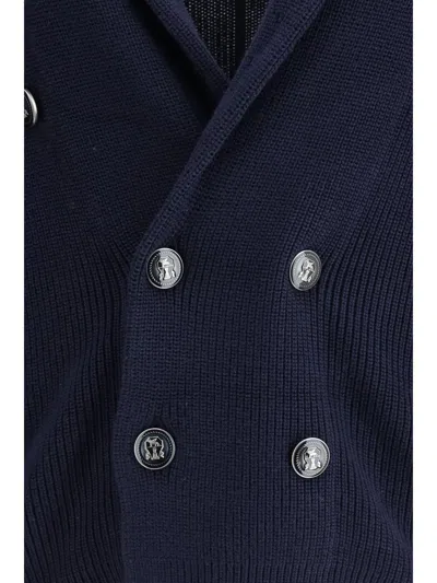 Brunello Cucinelli Double Breasted Ribbed Knit Button Cardigan In Blue