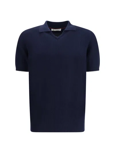 Brunello Cucinelli Ribbed-knit Cotton Polo Sweater In Blue