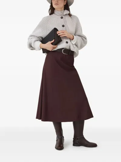 Brunello Cucinelli Women Bordeaux Midi Skirt With High Waist And Flared Hem In Wool Blend Woman In Red