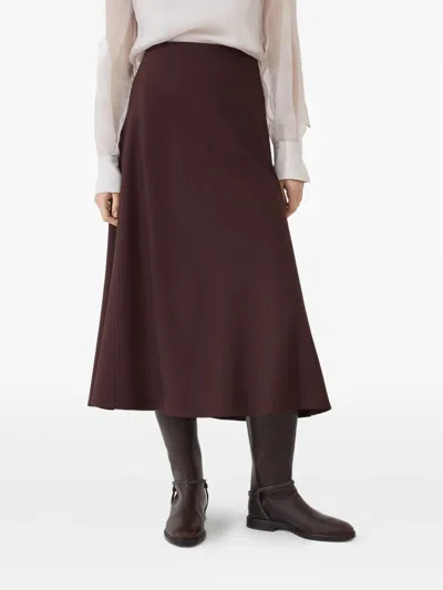 Brunello Cucinelli Women Bordeaux Midi Skirt With High Waist And Flared Hem In Wool Blend Woman In Red