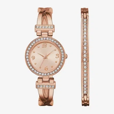 Geneva Womens Rose Gold-tone T-bar Bangle Watch Boxed Set In Pink