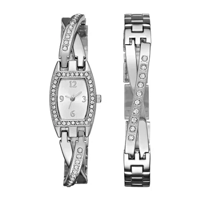Geneva Womens Silver-tone Bangle Watch Boxed Set In Silver