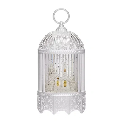 Roman 12"h Lighted Swirl Bird Cage With Church Christmas Tabletop Decor In White