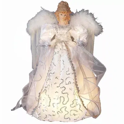 Kurt Adler 14" White And Silver Angel Lighted Christmas Tree Topper In White