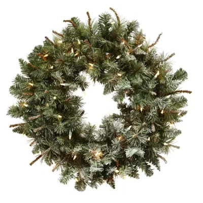 Nearly Natural 30in. Lighted Frosted Pine Wreath In Green
