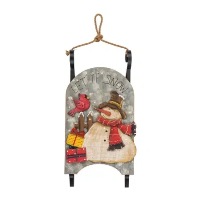 Northlight 17" Led Lighted Wooden Sled With Snowman And Cardinal Lighted Christmas Tabletop Decor In Multi