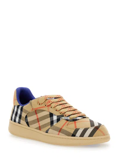 Burberry Men Beige Low Top Sneakers With Check Motif In Mixed Tech Fabrics Man In Brown