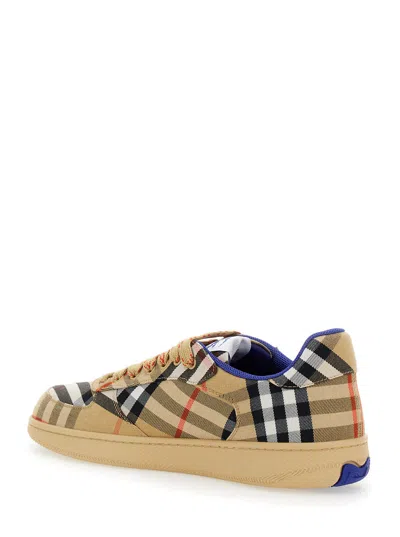 Burberry Men Beige Low Top Sneakers With Check Motif In Mixed Tech Fabrics Man In Brown