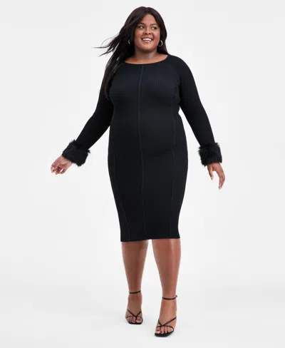 Bar Iii Trendy Plus Size Removable Faux-fur Cuff Dress, Macy's Exclusive In Black