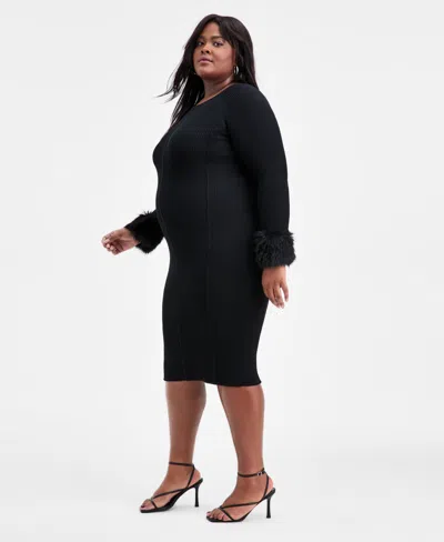 Bar Iii Trendy Plus Size Removable Faux-fur Cuff Dress, Macy's Exclusive In Black