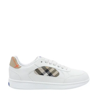 Burberry Terrace Sneakers In Leather And Beige Check Men In White