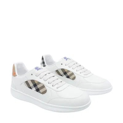Burberry Terrace Sneakers In Leather And Beige Check Men In White