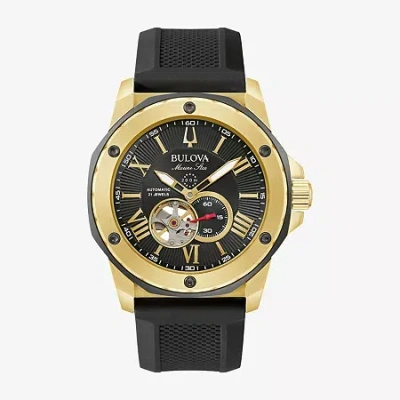 Bulova Marine Star Mens Automatic Black Strap Watch 98a272 In Transparent