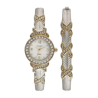 Elgin Womens Crystal-accent Two-tone Bangle And Watch Set In Gray