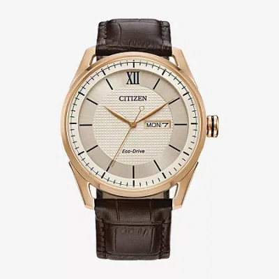 Citizen Sport Luxury Mens Brown Stainless Steel Leather Strap Watch Aw0082-01a In Brown