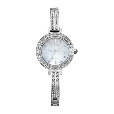 Citizen Eco-drive Womens Crystal Accent Silver Tone Stainless Steel Bracelet Watch Em0860-51d In Metallic