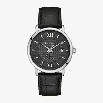 Bulova Automatic Mens Automatic Black Leather Strap Watch 96b441 In Black