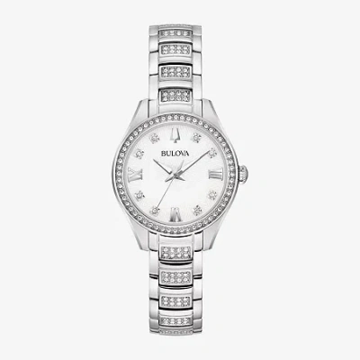 Bulova Crystal Womens Crystal Accent Silver Tone Stainless Steel Bracelet Watch 96l311 In Metallic