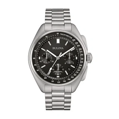 Bulova Lunar Pilot Mens Chronograph Silver Tone Stainless Steel Bracelet Watch 96b258 In Black