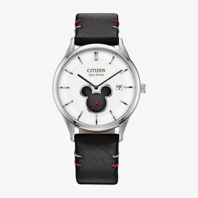Citizen Mickey Mouse Mickey Mouse Unisex Adult Black Leather Strap Watch Bv1130-03w In Black