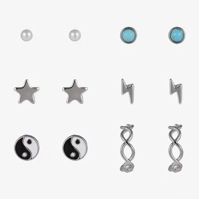 Arizona Silver Tone Womens Star Yin Yang 6 Pair Earring Set In Metallic