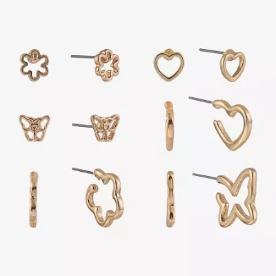 Arizona Gold Tone Womens Butterfly Flower Heart 6 Pair Earring Set In Gold