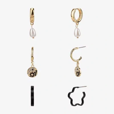 Arizona Gold Tone Womens Simulated Pearl Yin Yang 3 Pair Earring Set In Multi
