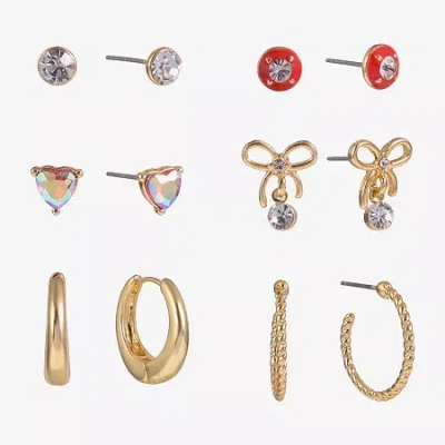 Arizona Gold Tone Womens Bow 6 Pair Earring Set In Multi