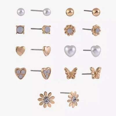 Arizona Gold Tone Daisy Womens Glass Butterfly Flower Heart 9 Pair Earring Set In Multi