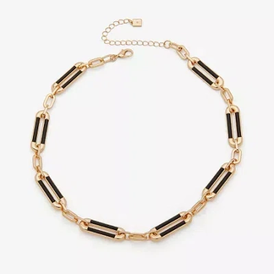 Worthington Gold Tone & Black Leather Link Womens 17 Inch Collar Necklace In Gold