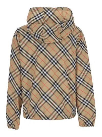 Burberry Women Beige Jacket With Ekd Logo Embroidery On The Sleeve And All-over Check Motif In Tech  In Multi