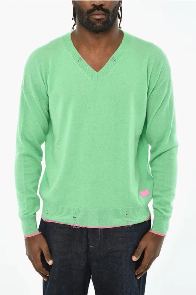 Dsquared2 Distressed Effect Virgin Wool Effect V-neck Sweater In Green