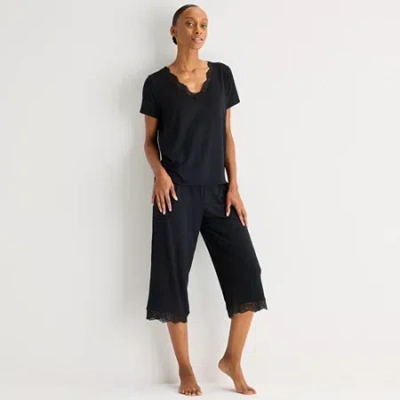 Ambrielle Womens V Neck Short Sleeve Pajama Top In Black