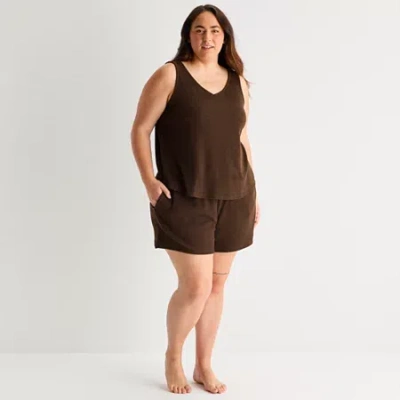 Ambrielle Womens Rib V Neck Sleeveless Plus Pajama Top In Brown