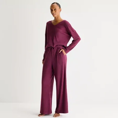 Ambrielle Womens Rib V Neck Long Sleeve Pajama Top In Purple