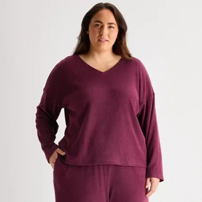 Ambrielle Womens Rib V Neck Long Sleeve Plus Pajama Top In Purple