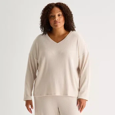 Ambrielle Womens Rib V Neck Long Sleeve Plus Pajama Top In Brown