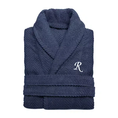Linum Home Textiles Personalized Herringbone Weave Bathrobe Unisex Adult Long Sleeve Long Length Robe In Blue