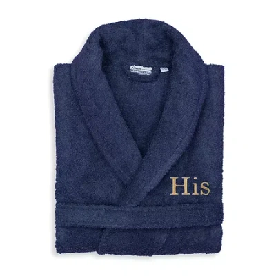 Linum Home Textiles Embroidered His Terry Bathrobe Unisex Adult Terry Cloth Long Sleeve Long Length Robe In Blue
