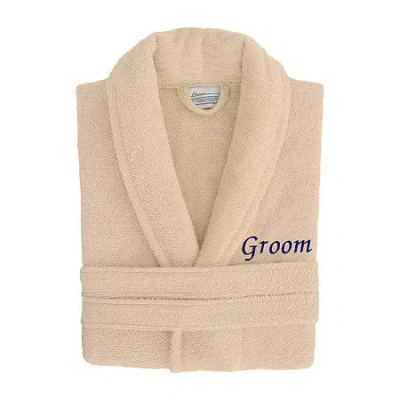 Linum Home Textiles Embroidered Groom Terry Bathrobe Unisex Adult Terry Cloth Long Sleeve Long Length Robe In Sand